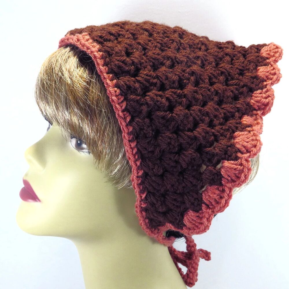 Handmade Crocheted Bandana Women Brown with Caramel Trim Boho Hippie Ruffle Edge